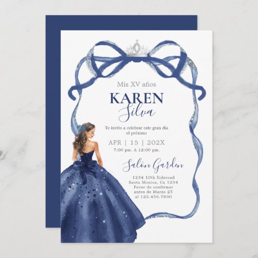 Navy Blue Quinceanera Invitation 招待状 (正面/裏面)
