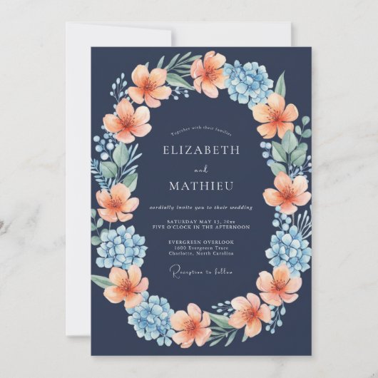 Navy Blue Radiant Blossom Wedding 招待状 (正面)