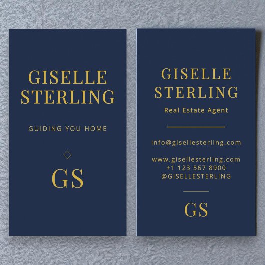 Navy Blue Real Estate Agent Minimalist Monogram 名刺