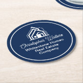 Navy Blue Real Estate Company Custom Realtor Party ラウンドペーパーコースター (アングル)