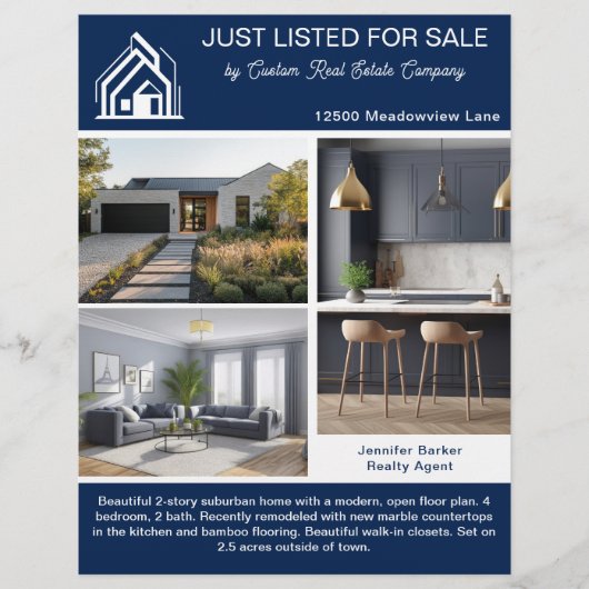 Navy Blue Real Estate Home Listing 2 Sided Modern チラシ (正面)