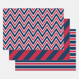 Navy Blue, Red, and White Chevron & Stripe Pattern ラッピングペーパーシート