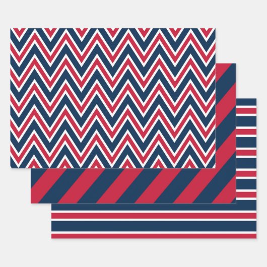 Navy Blue, Red, and White Chevron & Stripe Pattern ラッピングペーパーシート (セット)
