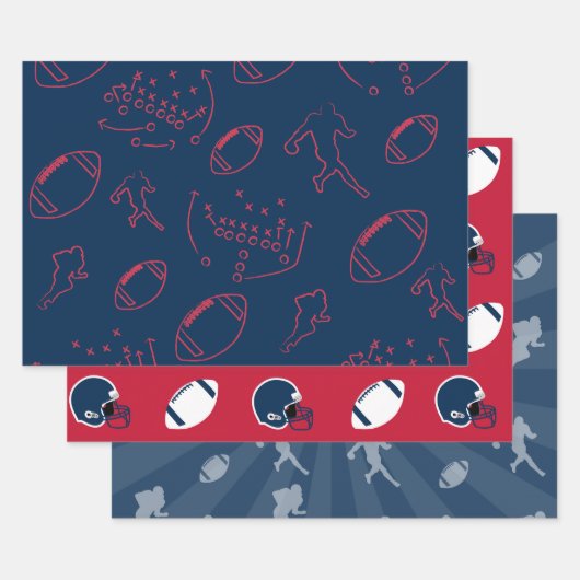 Navy Blue, Red, and White Football Patterns ラッピングペーパーシート (セット)