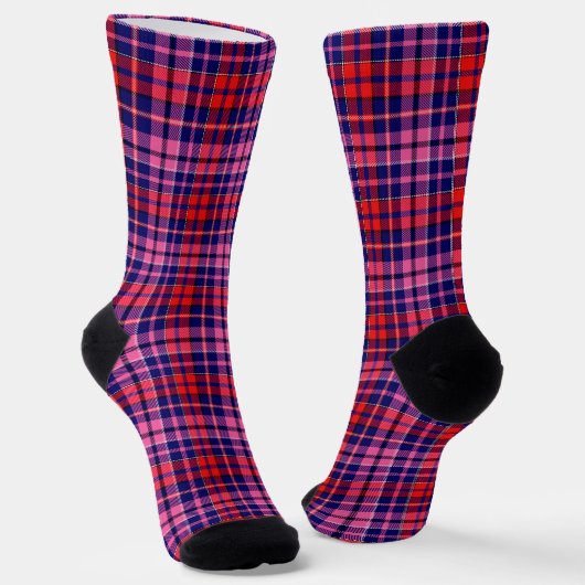 Navy Blue Red Pink Plaid Tartan Design  ソックス (傾斜あり)