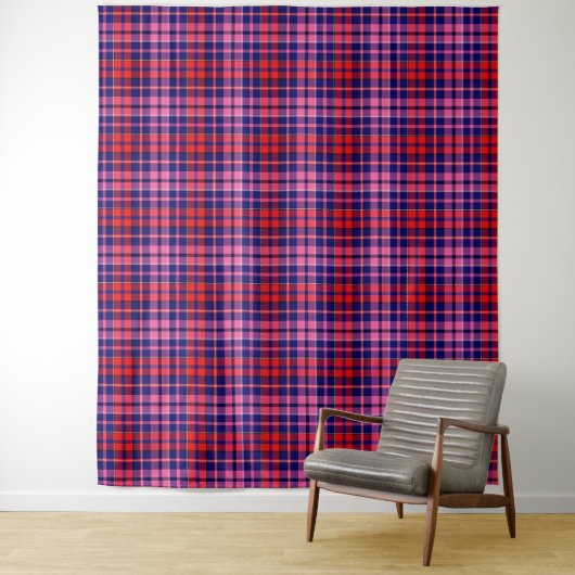 Navy Blue Red Pink Plaid Tartan Design  タペストリー (インサイチュ)