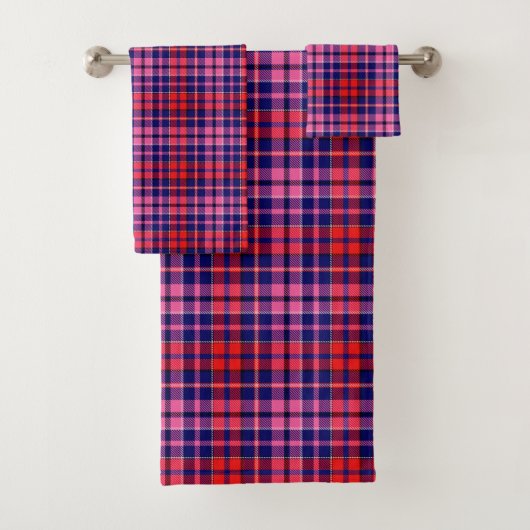 Navy Blue Red Pink Plaid Tartan Design  バスタオルセット (インサイチュ)
