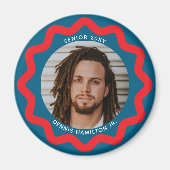 Navy Blue Red Wavy Circle Photo Frame with Text マグネット (正面)