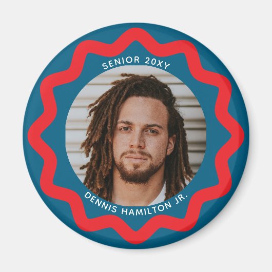 Navy Blue Red Wavy Circle Photo Frame with Text マグネット (正面)