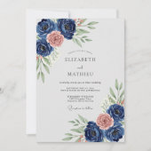 Navy Blue Refined Botanical Wedding 招待状 (正面)