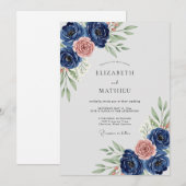 Navy Blue Refined Botanical Wedding 招待状 (正面/裏面)