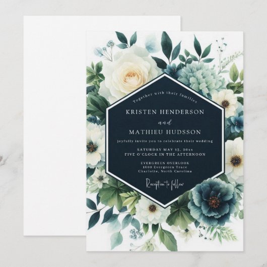 Navy Blue Refined Winter Wedding 招待状 (正面/裏面)