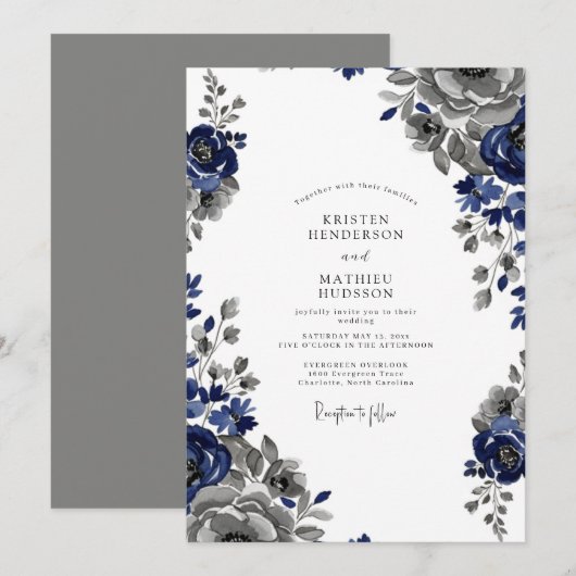 Navy Blue Regal Classic Wedding 招待状 (正面/裏面)