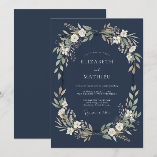 Navy Blue Regal Wintry Wedding 招待状 (正面/裏面)