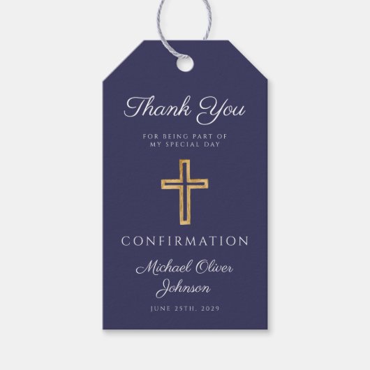 Navy Blue Religious Cross Boy Confirmation ギフトタグ (正面)