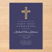 Navy Blue Religious Cross Boy First Communion アクリル招待状 (正面)
