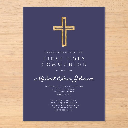Navy Blue Religious Cross Boy First Communion アクリル招待状 (正面)