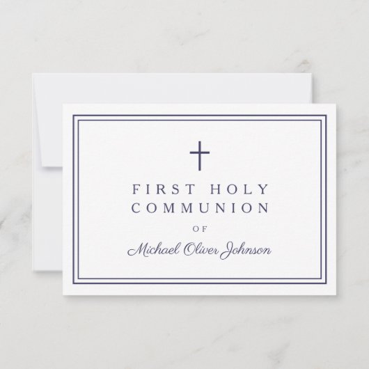Navy Blue Religious Cross Boy First Communion  出欠カード (裏面)