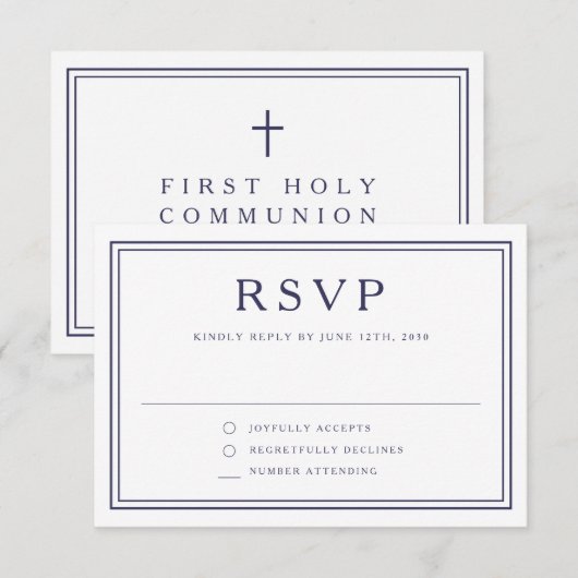 Navy Blue Religious Cross Boy First Communion  出欠カード (正面/裏面)