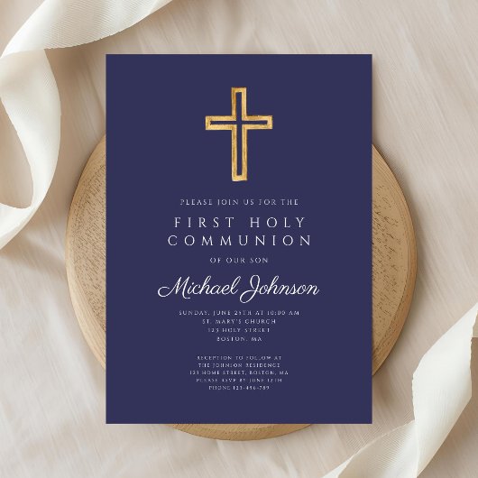 Navy Blue Religious Cross Boy First Communion 招待状