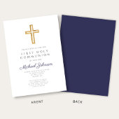 Navy Blue Religious Cross Boy First Communion 招待状