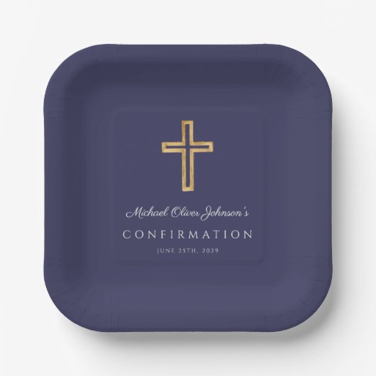 Navy Blue Religious Wood Cross Boy Confirmation ペーパープレート (正面)