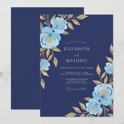 Navy Blue Resplendent Gala Wedding 招待状 (正面/裏面)