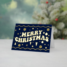 Navy Blue Retro Groovy Merry Christmas 箔シーズンカード