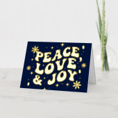 Navy Blue Retro Groovy Peace Love Joy Christmas 箔シーズンカード (正面)