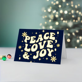 Navy Blue Retro Groovy Peace Love Joy Christmas 箔シーズンカード