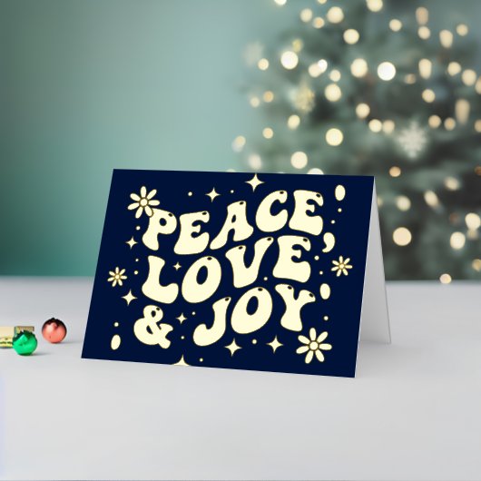 Navy Blue Retro Groovy Peace Love Joy Christmas 箔シーズンカード (クリスマスインサイチュ2)