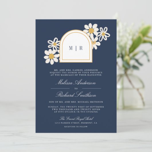 Navy Blue Retro Yellow Daisy All in One Wedding 招待状 (スタンド正面)