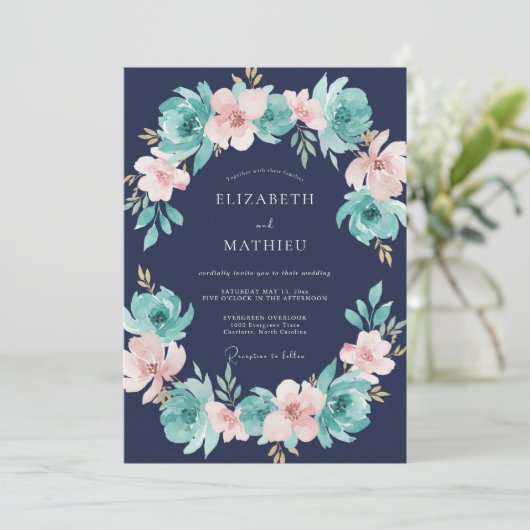 Navy Blue Rich Botanical Wedding 招待状 (スタンド正面)