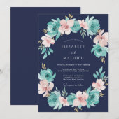 Navy Blue Rich Botanical Wedding 招待状 (正面/裏面)