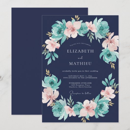 Navy Blue Rich Botanical Wedding 招待状 (正面/裏面)