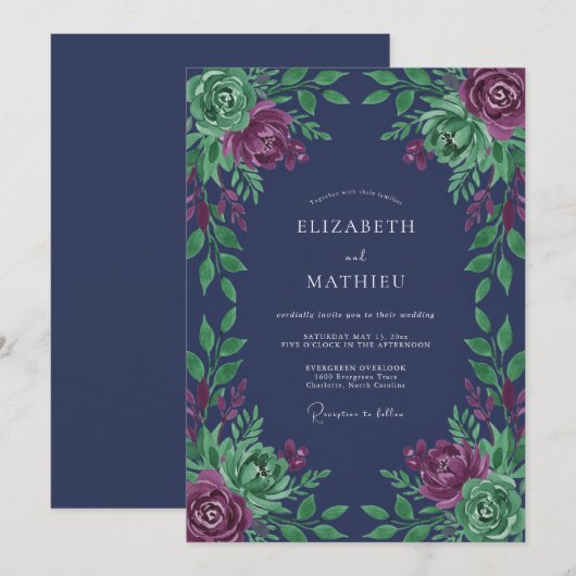 Navy Blue Rich Winter Wedding 招待状 (正面/裏面)