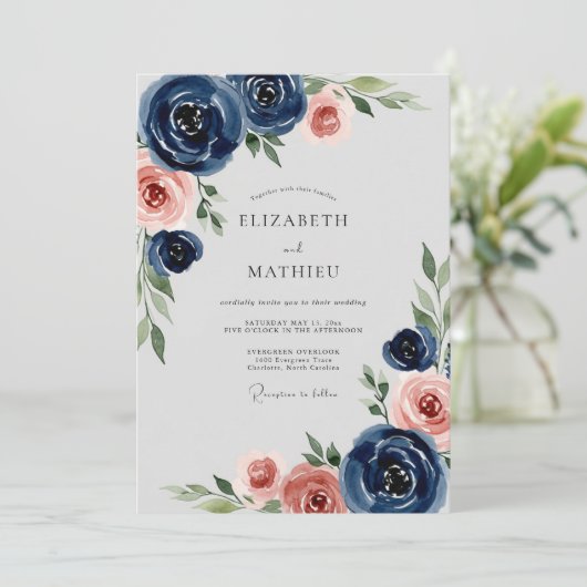 Navy Blue Romantic Peony Wedding 招待状 (スタンド正面)