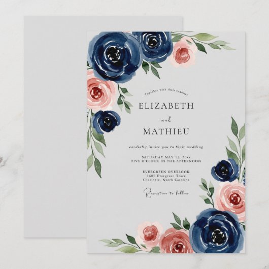 Navy Blue Romantic Peony Wedding 招待状 (正面/裏面)