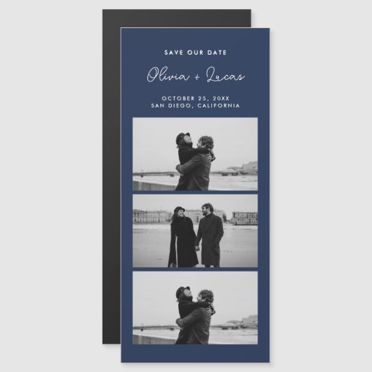 Navy Blue Romantic Photo Strip Magnetic Wedding (正面/裏面)