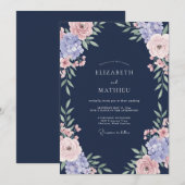 Navy Blue Romantic Rose Wedding 招待状 (正面/裏面)