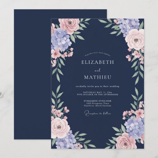 Navy Blue Romantic Rose Wedding 招待状 (正面/裏面)