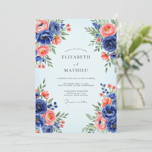 Navy Blue Romantic Spring Wedding 招待状 (スタンド正面)