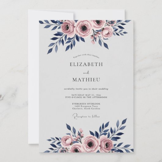Navy Blue Romantic Watercolor Wedding 招待状 (正面)