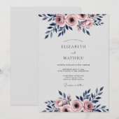 Navy Blue Romantic Watercolor Wedding 招待状 (正面/裏面)