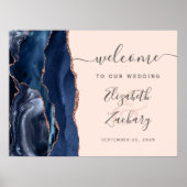 Navy Blue Rose Gold Agate Blush Wedding Welcome ポスター (正面)