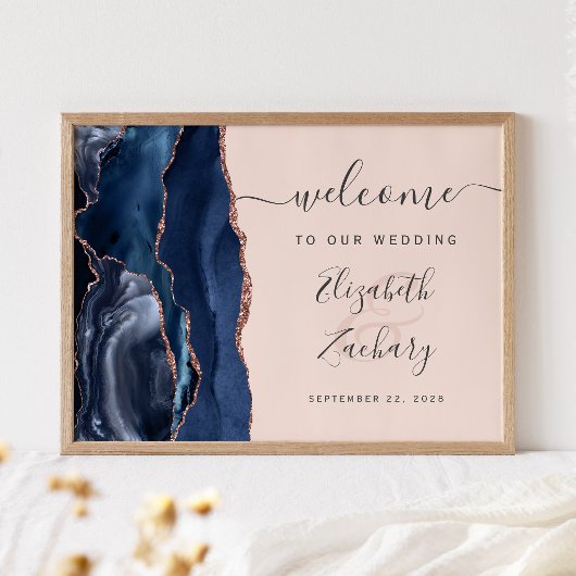 Navy Blue Rose Gold Agate Blush Wedding Welcome ポスター