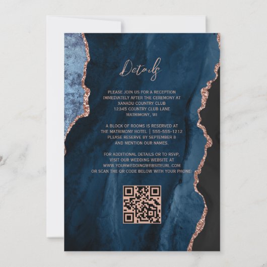 Navy Blue Rose Gold Agate Script QR Code Wedding 招待状 (裏面)