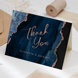 Navy Blue Rose Gold Agate Script Wedding Thank You カード