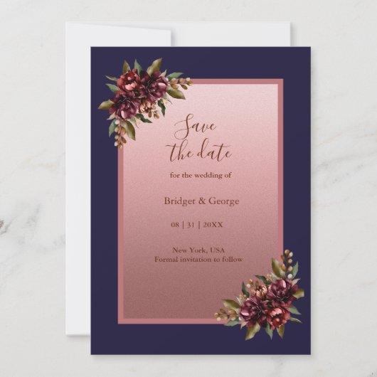Navy Blue Rose Gold Floral wedding Save the Date 招待状 (正面)
