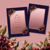 Navy Blue Rose Gold Floral wedding Save the Date 招待状